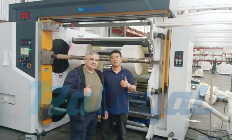 Four axis non stop slitting machine running in Double V-- largest label paper company in Russia